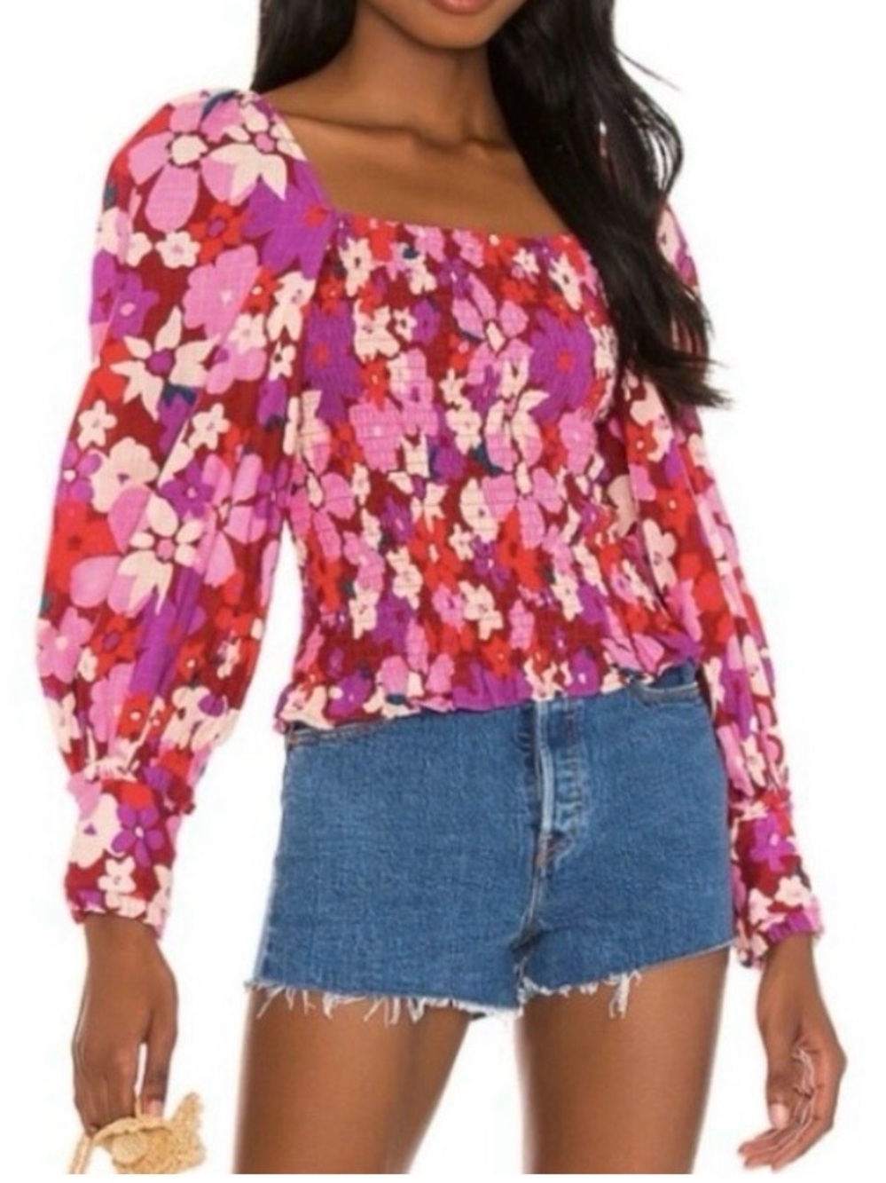 FREE PEOPLE Ariana Smocked Bodice Puff Sleeve Floral Top. Size Small.